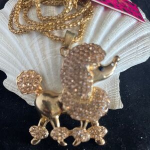 New Betsey Johnson Rhinestone Embellished Gold Dog Poodle Chain Necklace